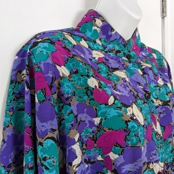 VINTAGE 90s floral blouse turquoise purple button up shirt Medium @L - Picture 5 of 9